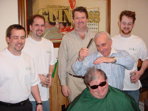 The Shavees - Anthony, Kevin S, Kevin G, Pete's barber, Ross, Pete (seated)