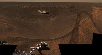 Opportunity leaves Eagle Crater after spending its first two months on Mars studying exposed bedrock and soil samples in the bowl-shaped depression. Credit: NASA/JPL/Cornell